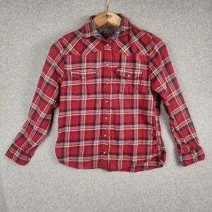 Jachs Girlfriend Shirt Womens M Red Western Flannel Plaid Pearl Snap 100% Cotton
